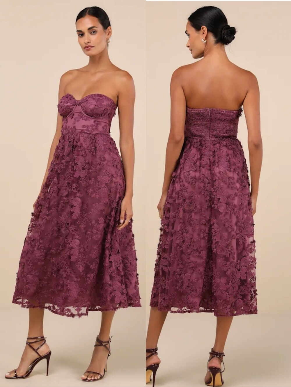 Lulus Quite Perfect Purple Floral Embroidered Strapless Midi Dress Medium